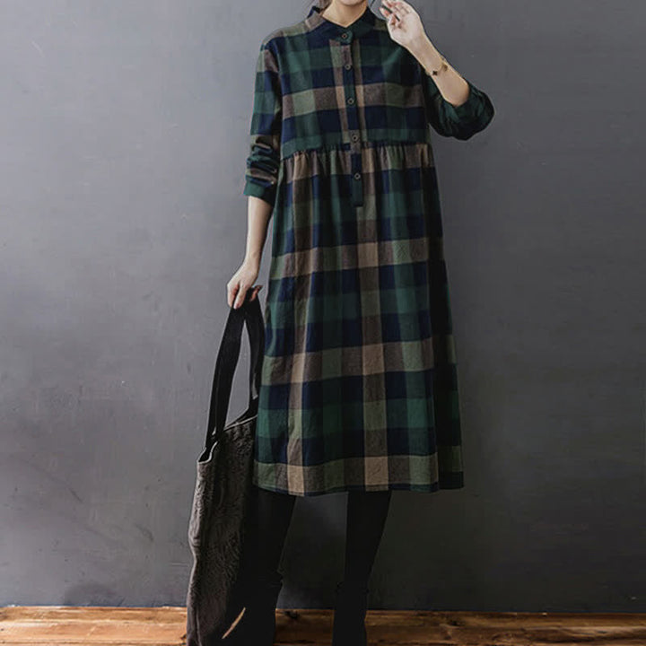 Buddha Stones Commute Patchwork Color Plaid Langarm-Midikleid - image 2
