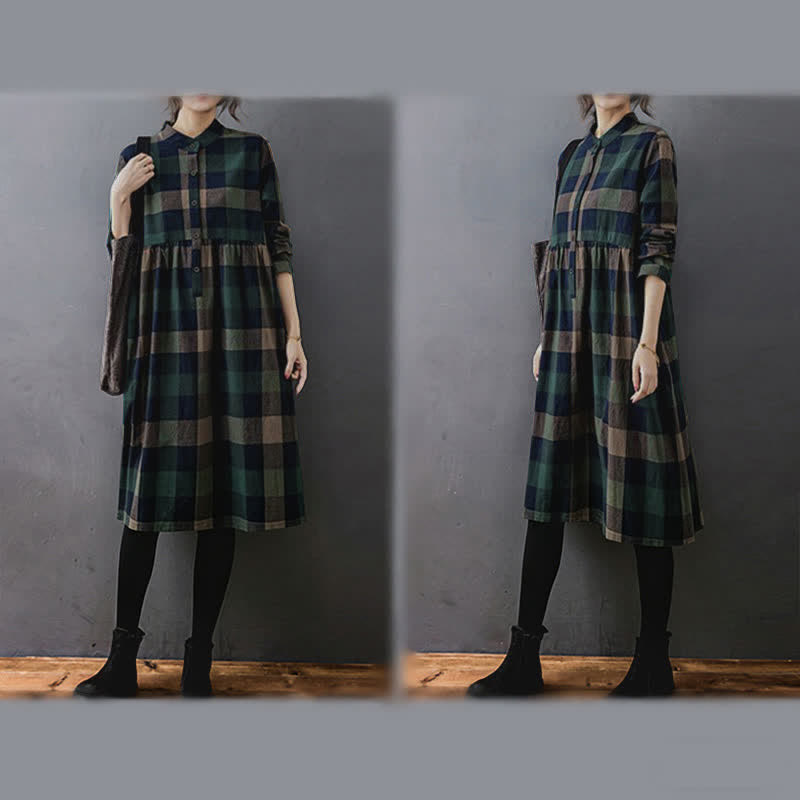 Buddha Stones Commute Patchwork Color Plaid Langarm-Midikleid - image 5