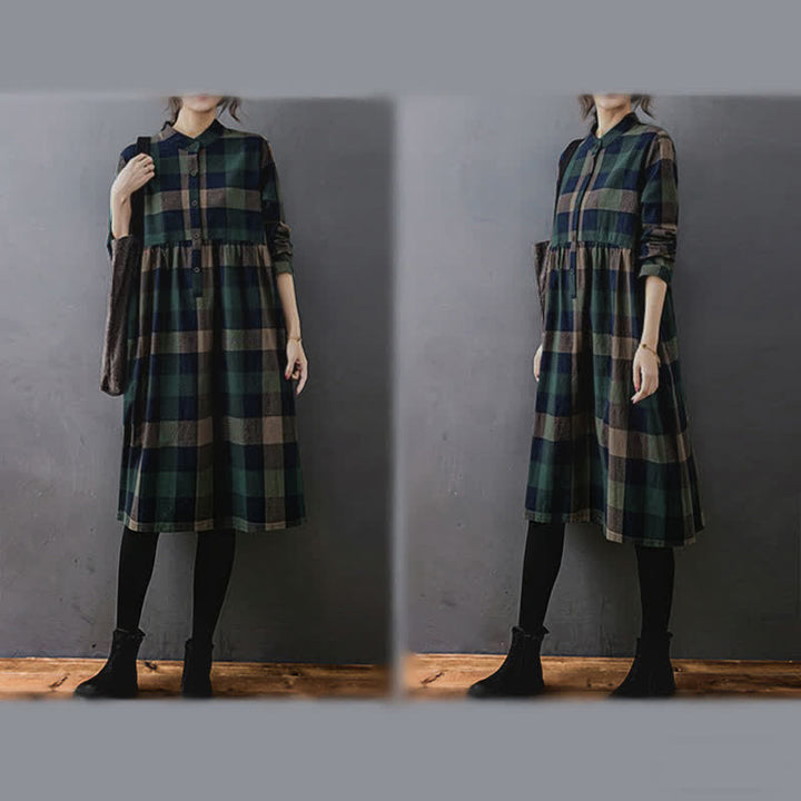 Buddha Stones Commute Patchwork Color Plaid Langarm-Midikleid - image 5