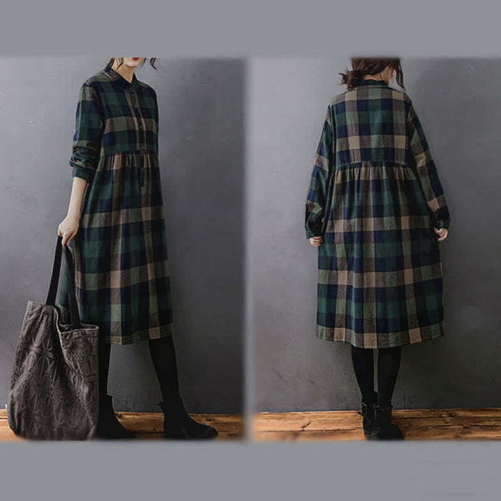Buddha Stones Commute Patchwork Color Plaid Langarm-Midikleid - image 4