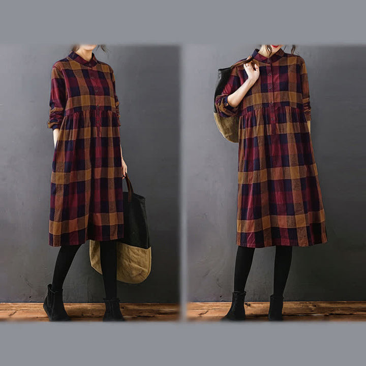 Buddha Stones Commute Patchwork Color Plaid Langarm-Midikleid - image 19