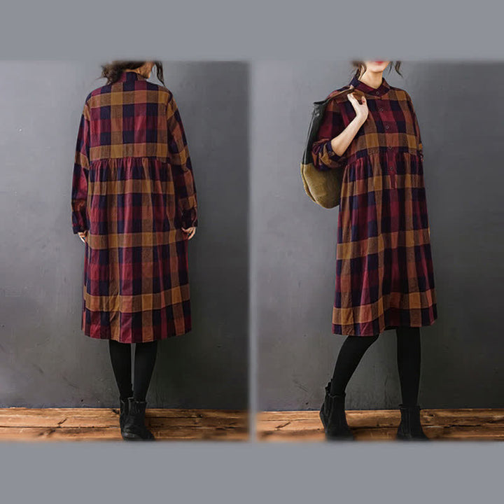 Buddha Stones Commute Patchwork Color Plaid Langarm-Midikleid - image 20