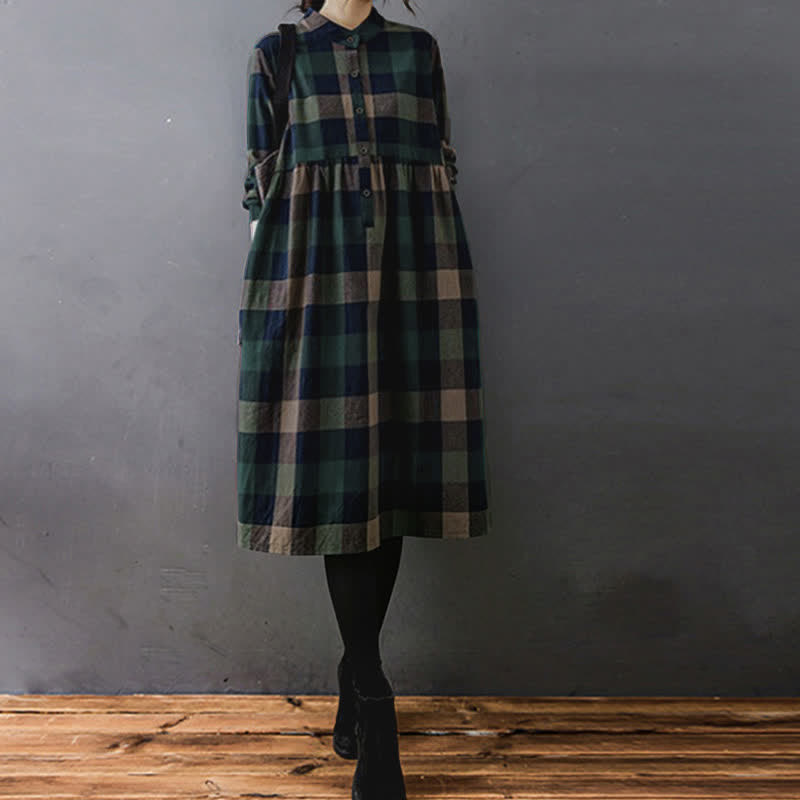 Buddha Stones Commute Patchwork Color Plaid Langarm-Midikleid - image 1