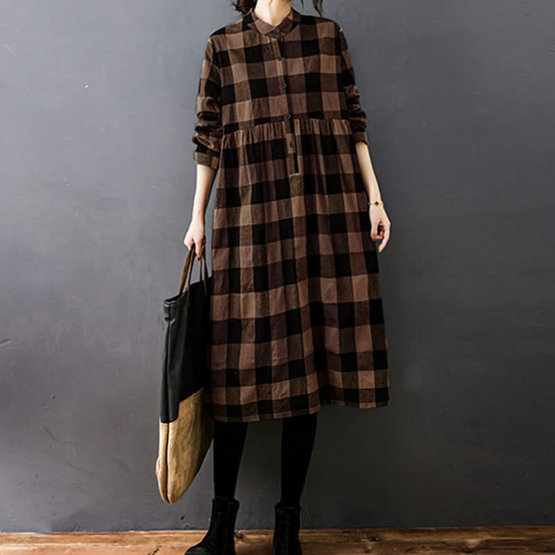 Buddha Stones Commute Patchwork Color Plaid Langarm-Midikleid - image 7