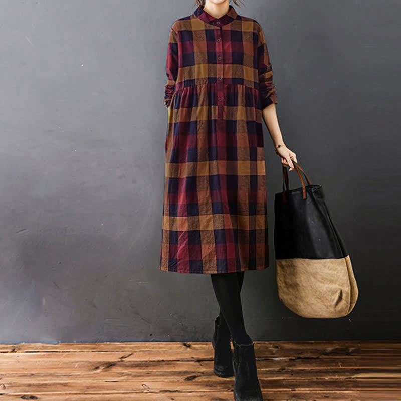 Buddha Stones Commute Patchwork Color Plaid Langarm-Midikleid - image 17