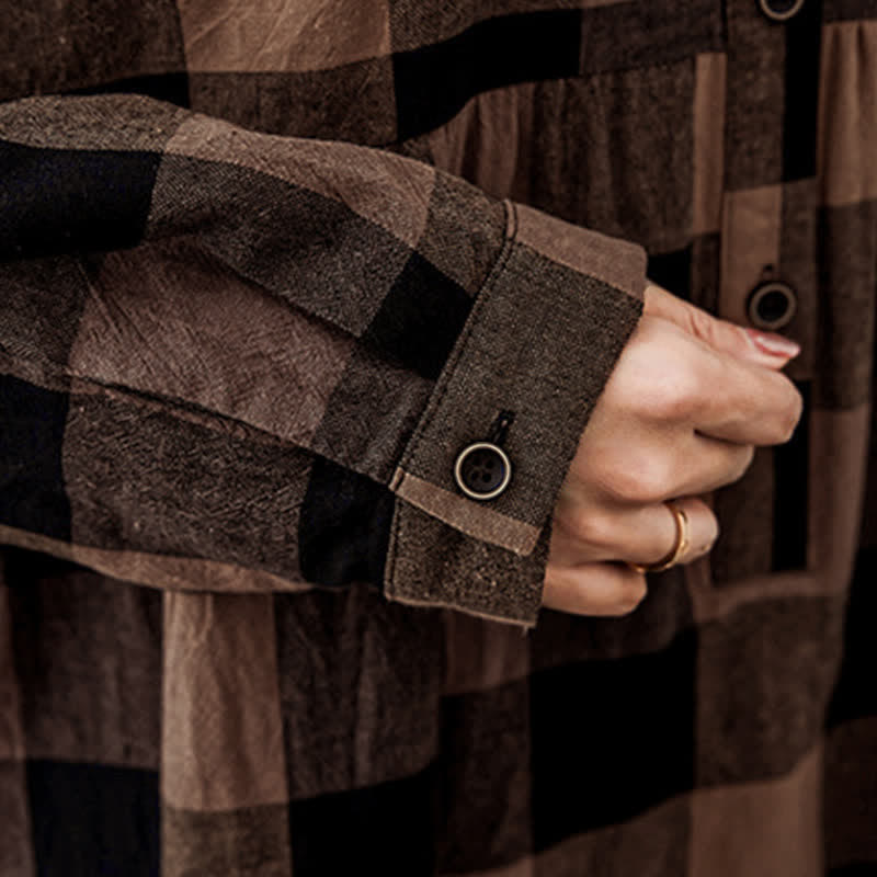 Buddha Stones Commute Patchwork Color Plaid Langarm-Midikleid - image 13