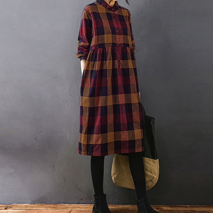 Buddha Stones Commute Patchwork Color Plaid Langarm-Midikleid - image 18