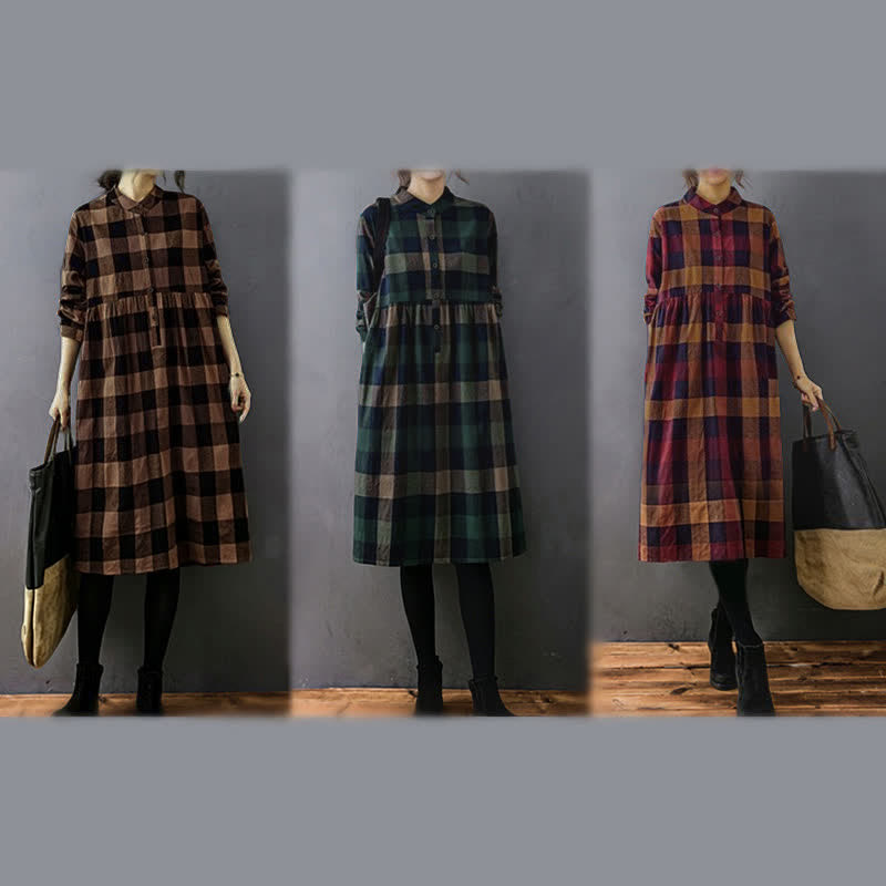 Buddha Stones Commute Patchwork Color Plaid Langarm-Midikleid - image 21