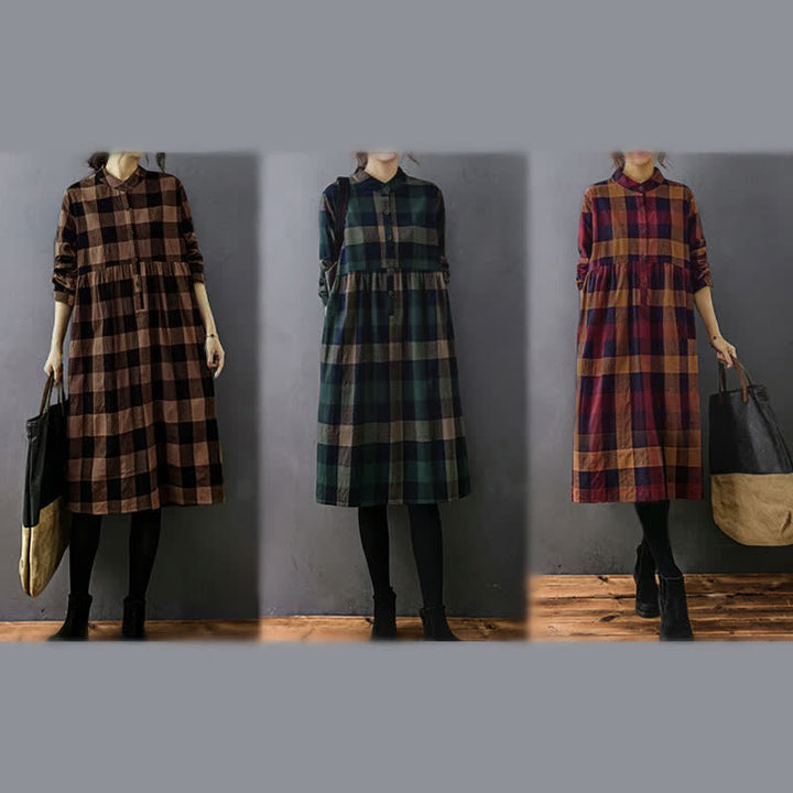 Buddha Stones Commute Patchwork Color Plaid Langarm-Midikleid - image 21