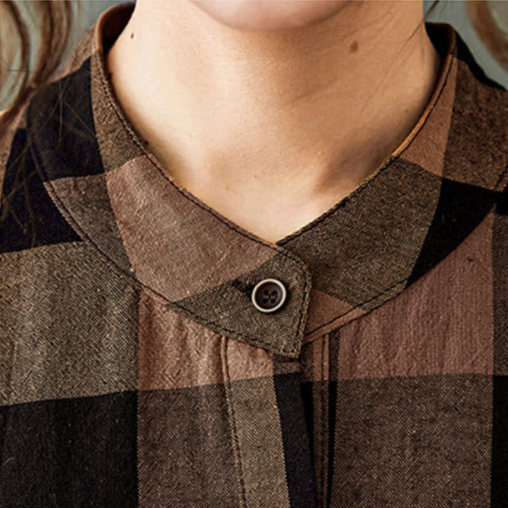 Buddha Stones Commute Patchwork Color Plaid Langarm-Midikleid - image 11