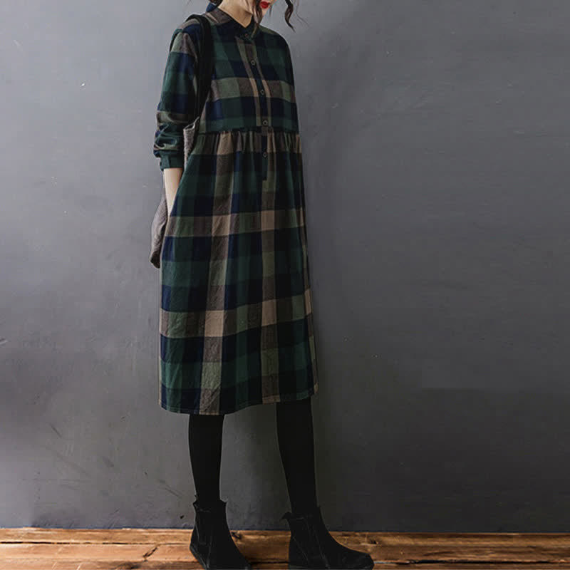 Buddha Stones Commute Patchwork Color Plaid Langarm-Midikleid - image 3