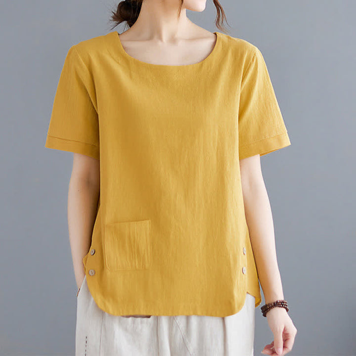 Damen-T-Shirt mit Buddha Stones -Motiv, Seitenschlitz, Rundhalsausschnitt, kurzen Ärmeln und Tasche aus Baumwoll-Polyester-Mischgewebe. - image 1