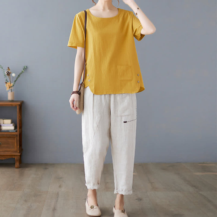 Damen-T-Shirt mit Buddha Stones -Motiv, Seitenschlitz, Rundhalsausschnitt, kurzen Ärmeln und Tasche aus Baumwoll-Polyester-Mischgewebe. - image 4
