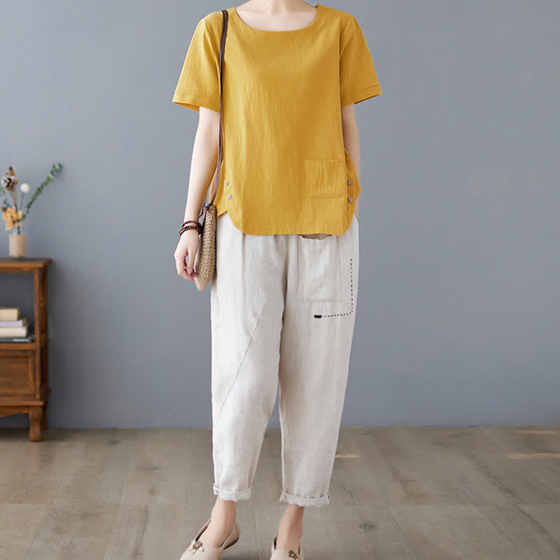 Damen-T-Shirt mit Buddha Stones -Motiv, Seitenschlitz, Rundhalsausschnitt, kurzen Ärmeln und Tasche aus Baumwoll-Polyester-Mischgewebe. - image 5