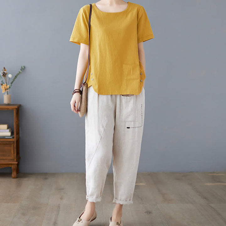Damen-T-Shirt mit Buddha Stones -Motiv, Seitenschlitz, Rundhalsausschnitt, kurzen Ärmeln und Tasche aus Baumwoll-Polyester-Mischgewebe. - image 5