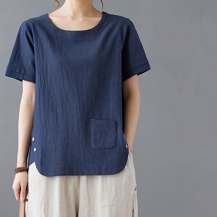 Damen-T-Shirt mit Buddha Stones -Motiv, Seitenschlitz, Rundhalsausschnitt, kurzen Ärmeln und Tasche aus Baumwoll-Polyester-Mischgewebe. - image 20