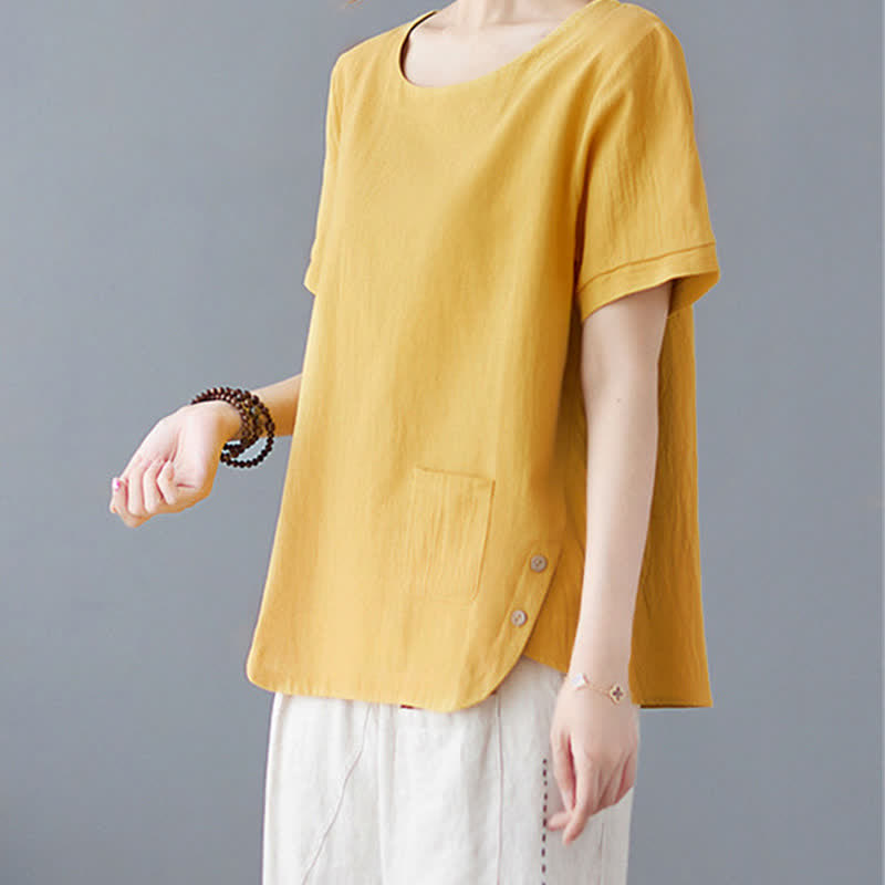 Damen-T-Shirt mit Buddha Stones -Motiv, Seitenschlitz, Rundhalsausschnitt, kurzen Ärmeln und Tasche aus Baumwoll-Polyester-Mischgewebe. - image 2
