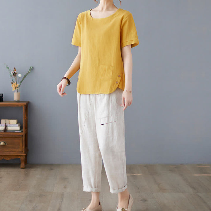 Damen-T-Shirt mit Buddha Stones -Motiv, Seitenschlitz, Rundhalsausschnitt, kurzen Ärmeln und Tasche aus Baumwoll-Polyester-Mischgewebe. - image 7