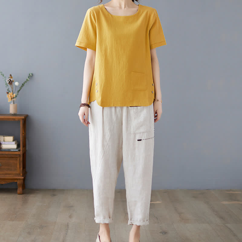 Damen-T-Shirt mit Buddha Stones -Motiv, Seitenschlitz, Rundhalsausschnitt, kurzen Ärmeln und Tasche aus Baumwoll-Polyester-Mischgewebe. - image 6