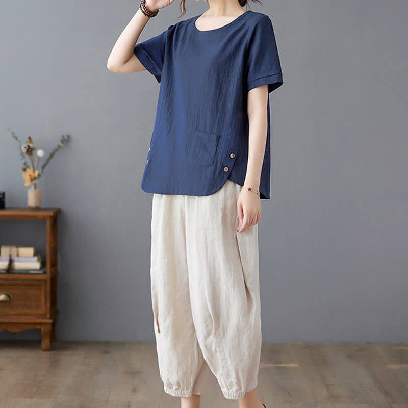 Damen-T-Shirt mit Buddha Stones -Motiv, Seitenschlitz, Rundhalsausschnitt, kurzen Ärmeln und Tasche aus Baumwoll-Polyester-Mischgewebe. - image 24