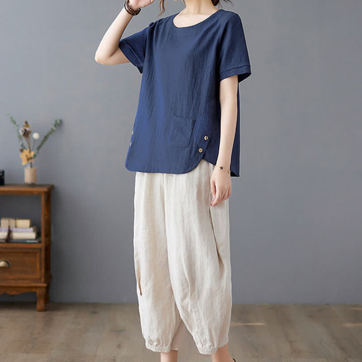 Damen-T-Shirt mit Buddha Stones -Motiv, Seitenschlitz, Rundhalsausschnitt, kurzen Ärmeln und Tasche aus Baumwoll-Polyester-Mischgewebe. - image 24