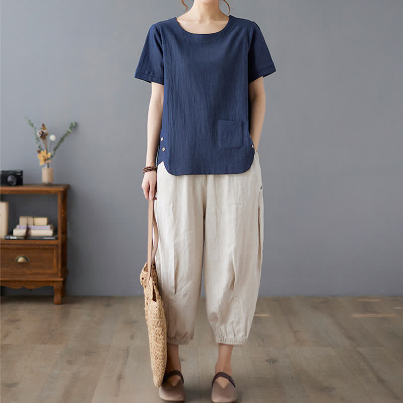 Damen-T-Shirt mit Buddha Stones -Motiv, Seitenschlitz, Rundhalsausschnitt, kurzen Ärmeln und Tasche aus Baumwoll-Polyester-Mischgewebe. - image 22