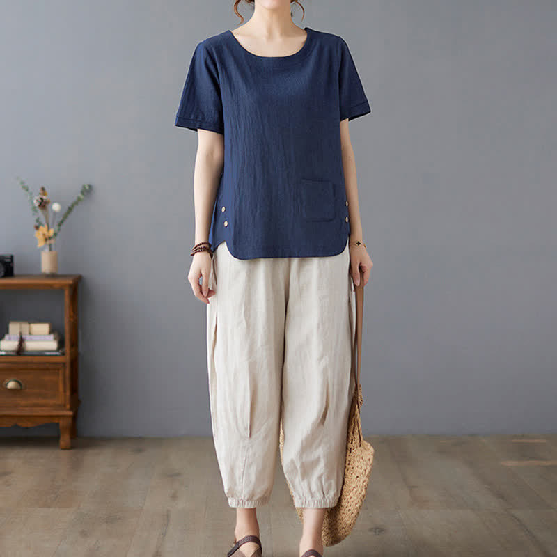 Damen-T-Shirt mit Buddha Stones -Motiv, Seitenschlitz, Rundhalsausschnitt, kurzen Ärmeln und Tasche aus Baumwoll-Polyester-Mischgewebe. - image 23