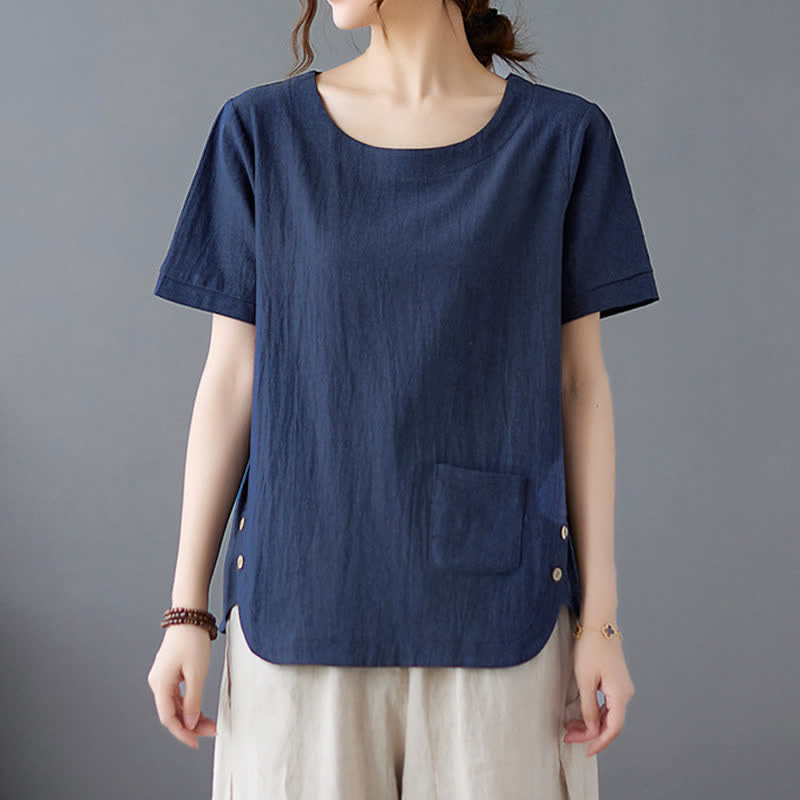 Damen-T-Shirt mit Buddha Stones -Motiv, Seitenschlitz, Rundhalsausschnitt, kurzen Ärmeln und Tasche aus Baumwoll-Polyester-Mischgewebe. - image 21