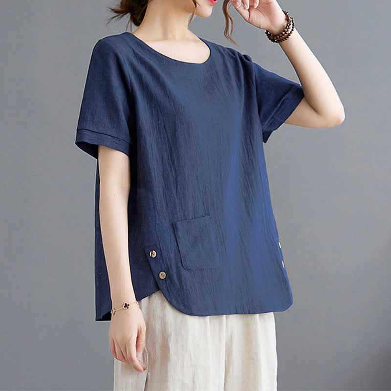 Damen-T-Shirt mit Buddha Stones -Motiv, Seitenschlitz, Rundhalsausschnitt, kurzen Ärmeln und Tasche aus Baumwoll-Polyester-Mischgewebe. - image 19