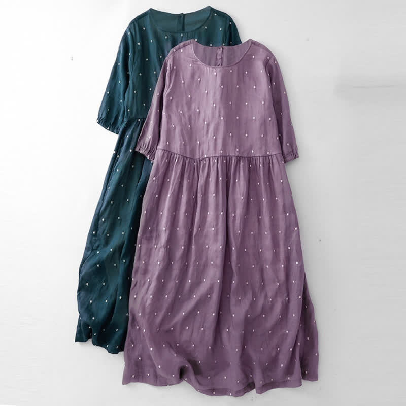 Buddha Stones Midikleid aus Polyester mit Rückenknopfleiste, Punktmuster, halben Ärmeln und Taschen - image 6