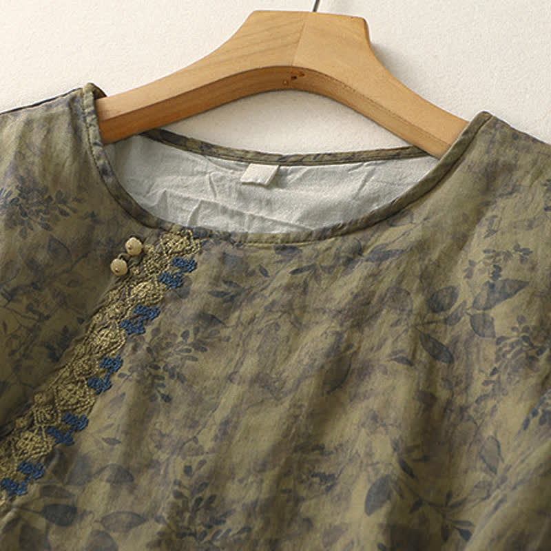 Buddha Stones Stickerei Design Blätter Damen Baumwolle Leinen Dreiviertel Ärmel Shirt - image 15