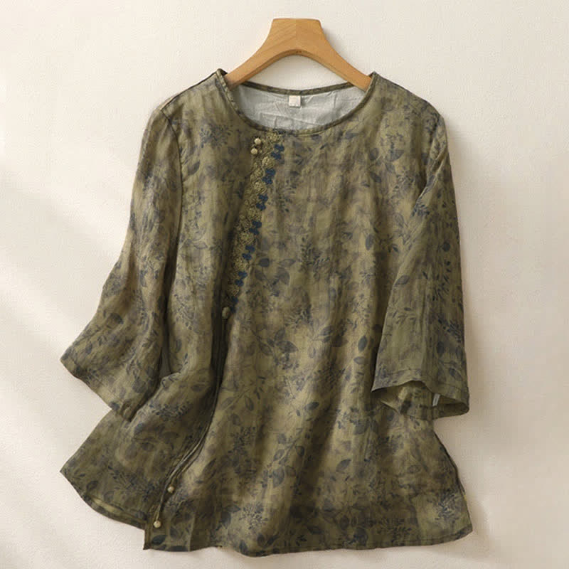 Dreiviertelarm-Damenbluse mit Buddha Stones -Stickerei und Blättern - Olivgrün - US12, UK/AU16, EU44 (2XL) - image 14