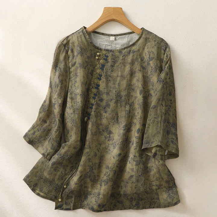 Dreiviertelarm-Damenbluse mit Buddha Stones -Stickerei und Blättern - Olivgrün - US12, UK/AU16, EU44 (2XL) - image 14