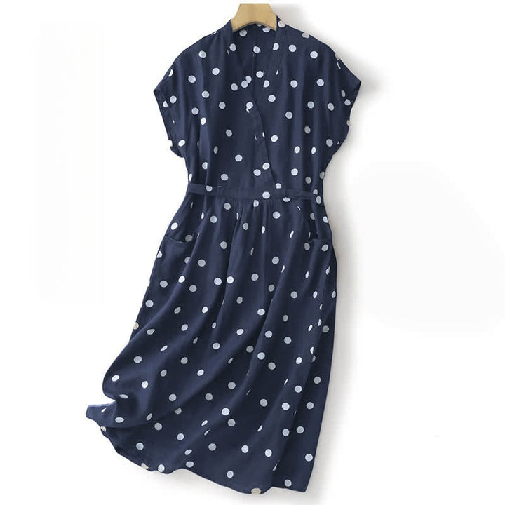Buddha Stones Polka Dot V-Ausschnitt Schnürkleid für Damen, Midikleid mit Taschen - Marine - US 8-10, UK/AU 12-14, EU 40-42 (2XL) - image 0