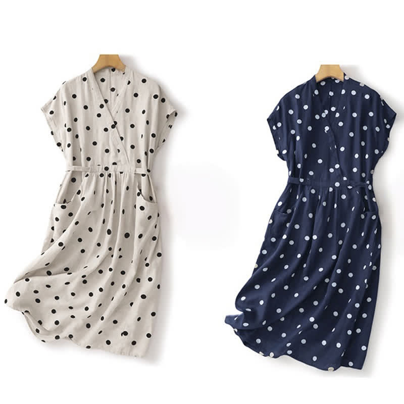 Buddha Stones Polka Dot V-Ausschnitt Schnürkleid für Damen, Midikleid mit Taschen - image 19