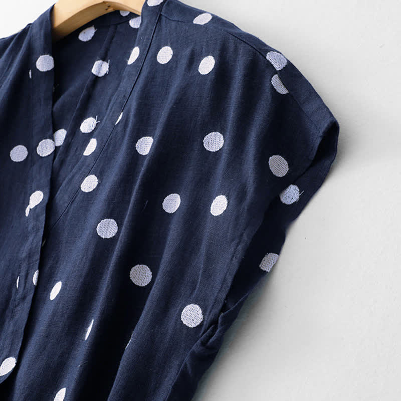 Buddha Stones Polka Dot V-Ausschnitt Schnürkleid für Damen, Midikleid mit Taschen - image 2