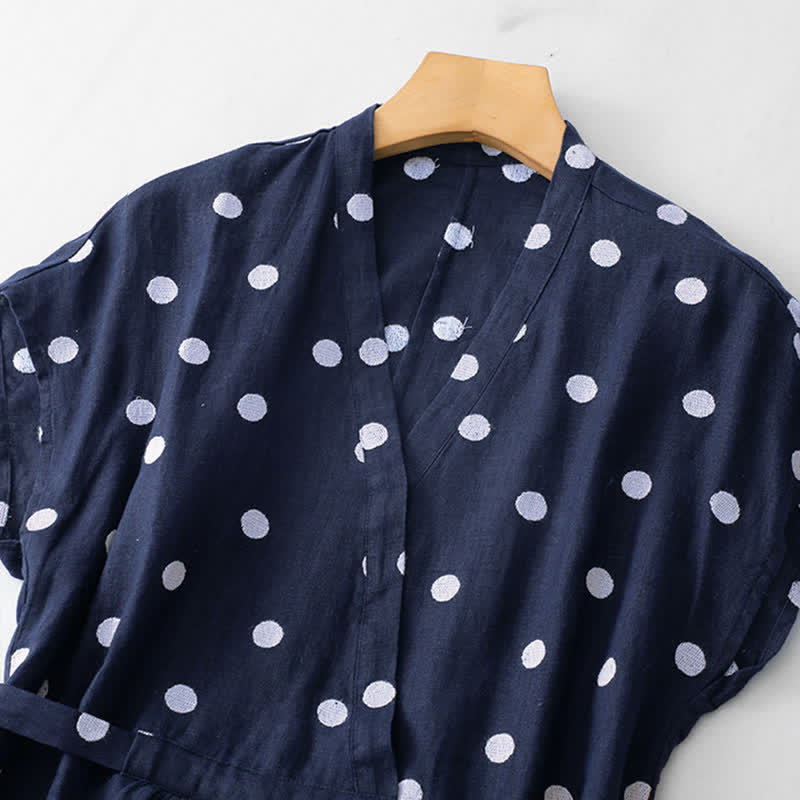 Buddha Stones Polka Dot V-Ausschnitt Schnürkleid für Damen, Midikleid mit Taschen - image 1