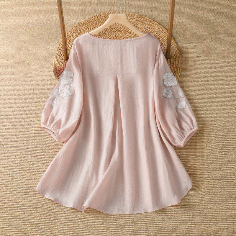 Buddha Stones Sommerliches, lässig-elegantes, weiß besticktes Damen-Langarmshirt mit Blumenmuster und Rundhalsausschnitt - image 1