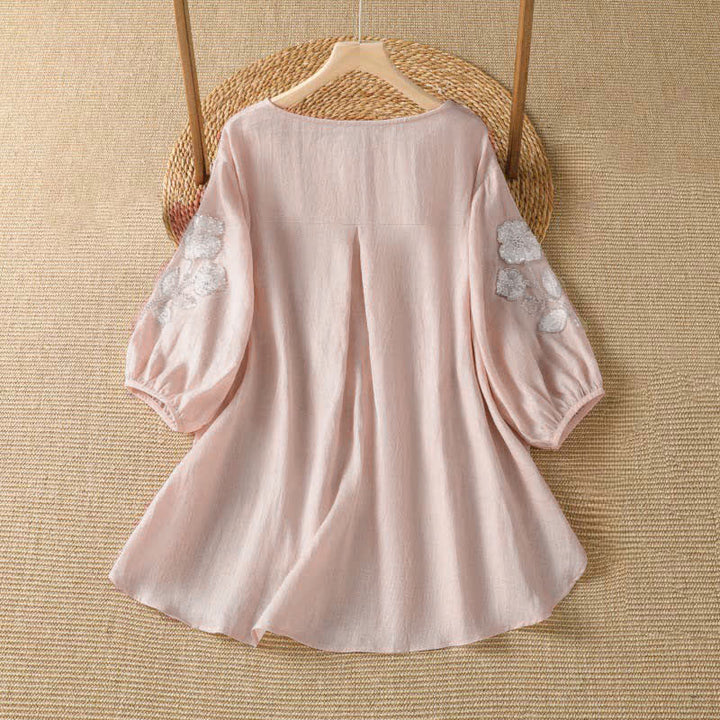 Buddha Stones Sommerliches, lässig-elegantes, weiß besticktes Damen-Langarmshirt mit Blumenmuster und Rundhalsausschnitt - image 1