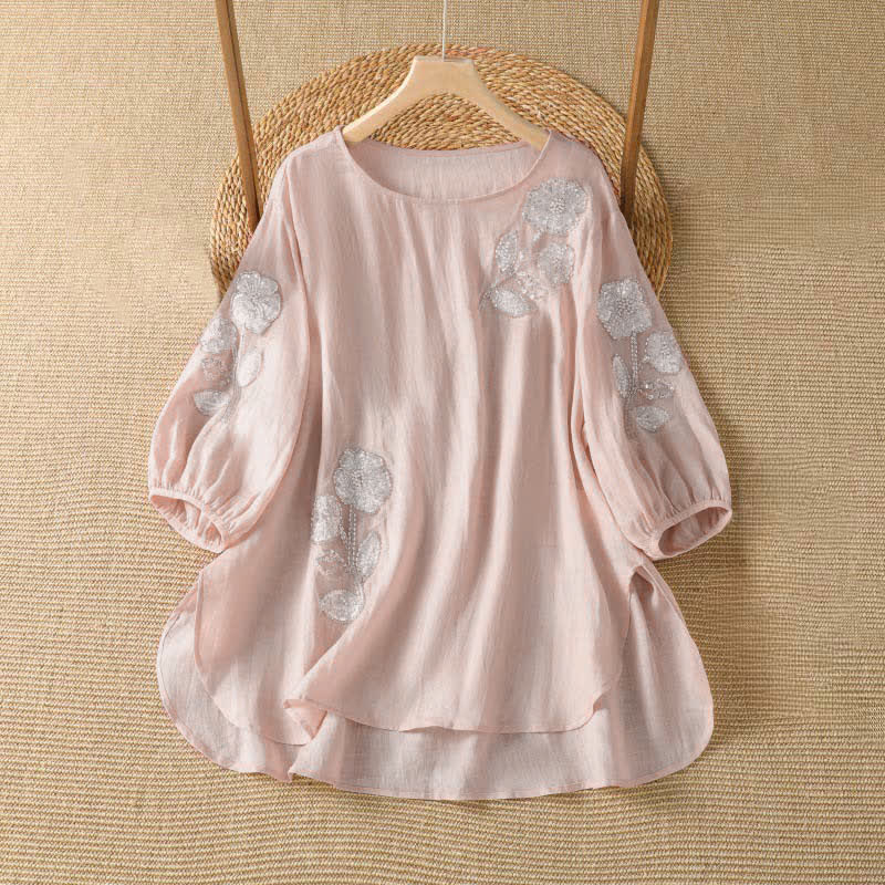 Buddha Stones Sommerliches, lässig-elegantes, weiß besticktes Damen-Langarmshirt mit Blumenmuster und Rundhalsausschnitt - MistyRose - US14, UK/AU18, EU46 (2XL) - image 0
