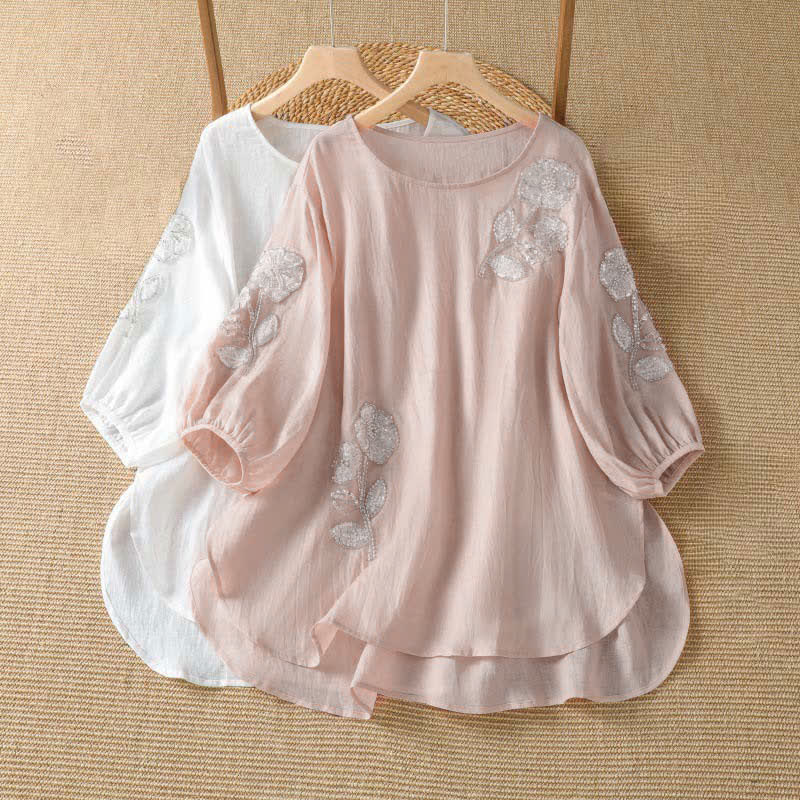 Buddha Stones Sommerliches, lässig-elegantes, weiß besticktes Damen-Langarmshirt mit Blumenmuster und Rundhalsausschnitt - image 8