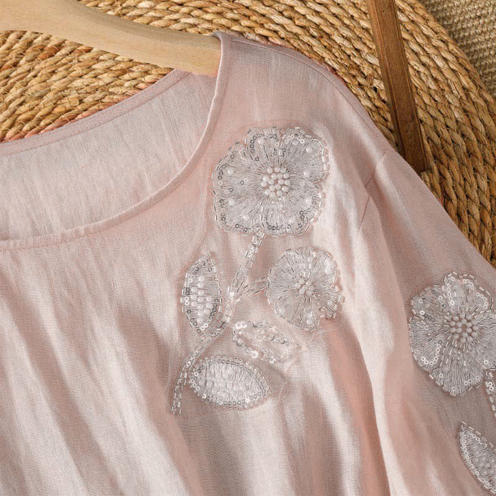 Buddha Stones Sommerliches, lässig-elegantes, weiß besticktes Damen-Langarmshirt mit Blumenmuster und Rundhalsausschnitt - image 2