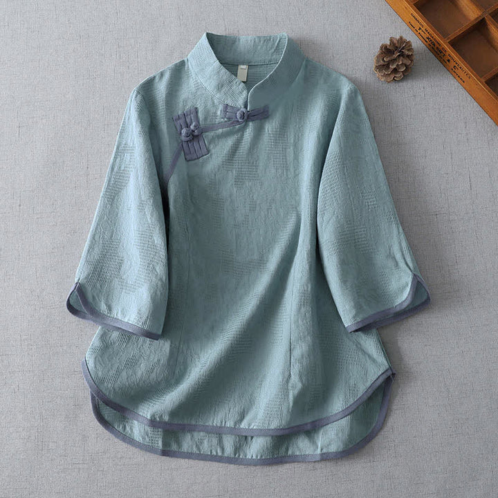 Buddha Stones Sommerliche, minimalistische Kurzarmbluse im Tang-Stil mit Stehkragen und Froschknopf für Damen. - Hellblau - US12, UK/AU16, EU44 (3XL) - image 6