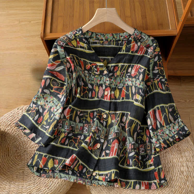 Damen-T-Shirt aus Polyester mit Dreiviertelärmeln, V-Ausschnitt, Knopfleiste und Buddha Stones -Motiv - Schwarz - US14, UK/AU18, EU46 (2XL) - image 9