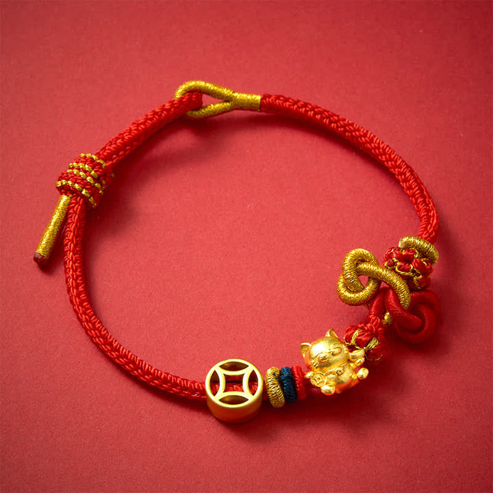 Buddha Stones Goldenes Glückskatzen-Armband mit rotem Faden zum Schutz, geflochten - image 4