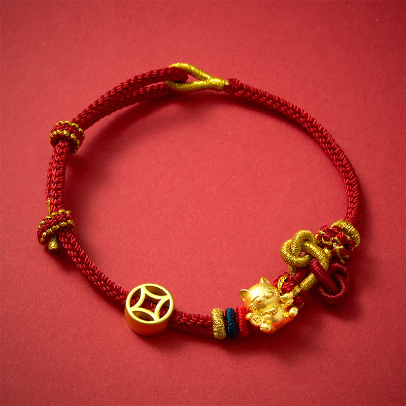 Buddha Stones Goldenes Glückskatzen-Armband mit rotem Faden zum Schutz, geflochten - image 1