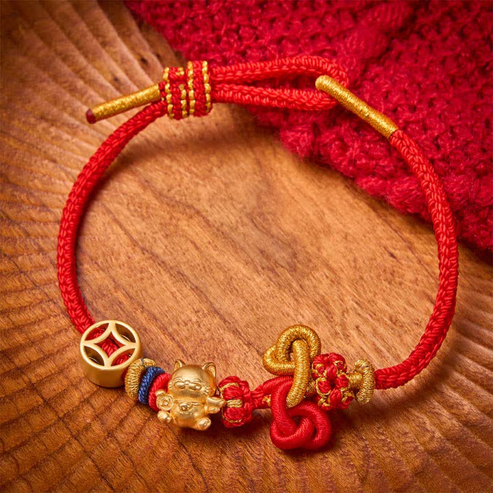 Buddha Stones Goldenes Glückskatzen-Armband mit rotem Faden zum Schutz, geflochten - Rot - image 3