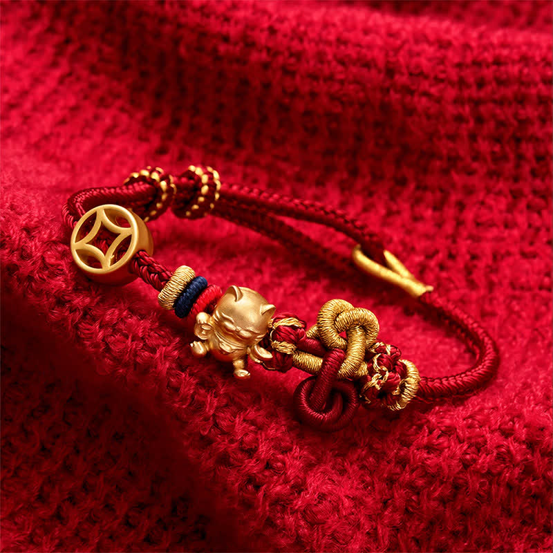 Buddha Stones Goldenes Glückskatzen-Armband mit rotem Faden zum Schutz, geflochten - image 2