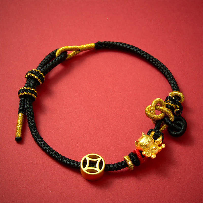 Buddha Stones Goldenes Glückskatzen-Armband mit rotem Faden zum Schutz, geflochten - image 15