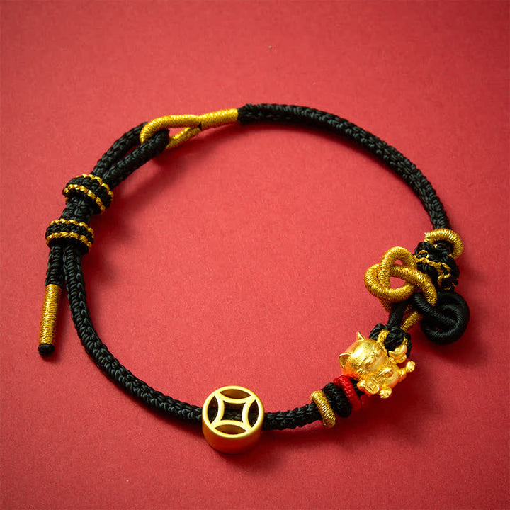 Buddha Stones Goldenes Glückskatzen-Armband mit rotem Faden zum Schutz, geflochten - image 15